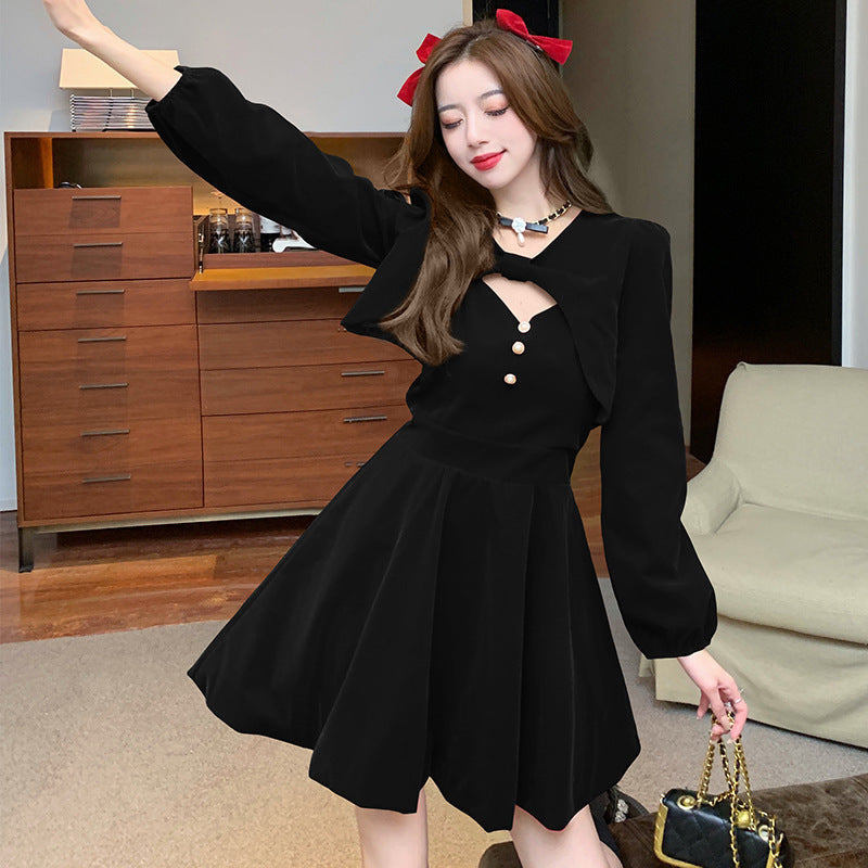 New Year Christmas Fashion Suit Autumn And Winter 2024 New Temperament Design Shawl Sling Dress Two-piece Set