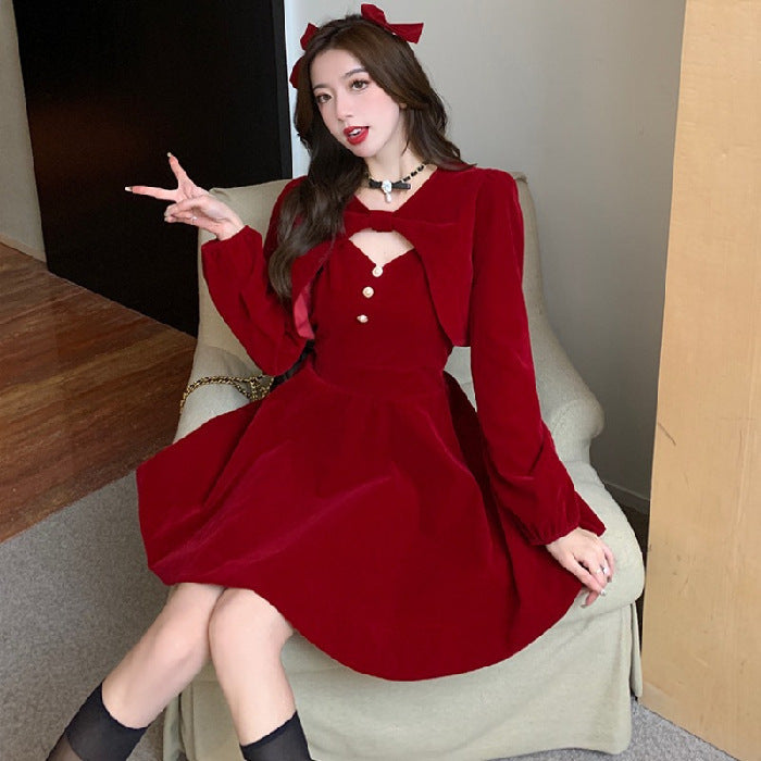 New Year Christmas Fashion Suit Autumn And Winter 2024 New Temperament Design Shawl Sling Dress Two-piece Set