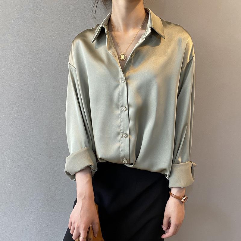 Autumn Fashion Button Up Satin Silk Shirt Vintage Blouse Wom