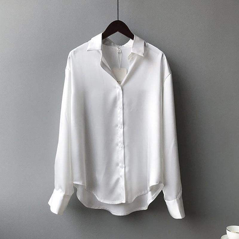 Autumn Fashion Button Up Satin Silk Shirt Vintage Blouse Wom